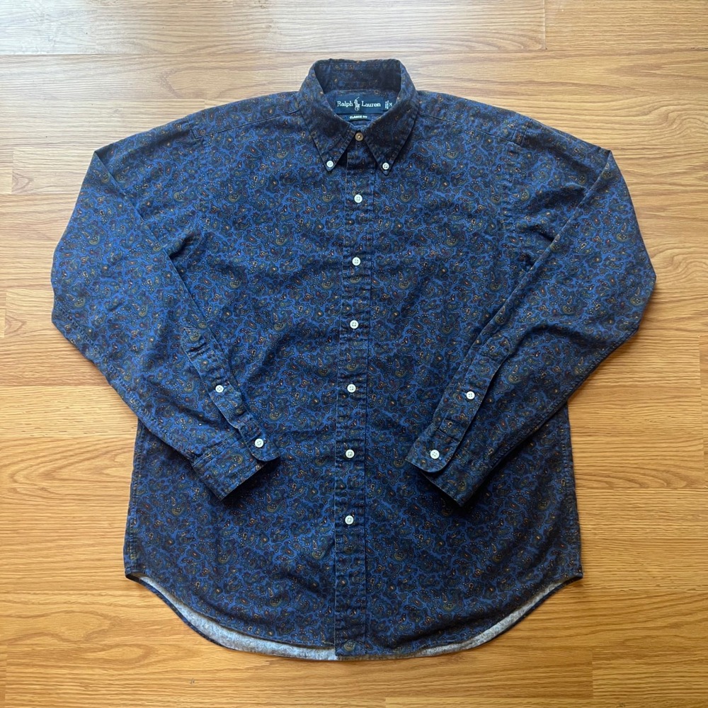 Ralph Lauren Mens Classic Fit Paisley Button Down Shirt Navy Blue Cotton Medium